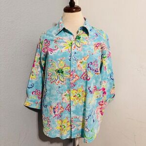 Lauren Ralph Lauren 100% Cotton L Floral Paisley Button Down Pijama Shirt Blue